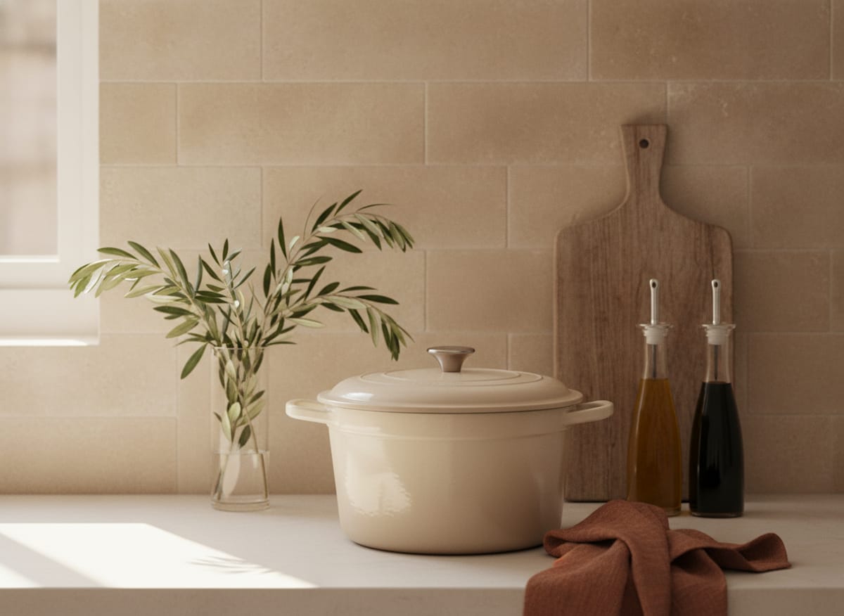 Encimera de cocina con olla esmaltada, dispensadores de aceite y tabla de madera