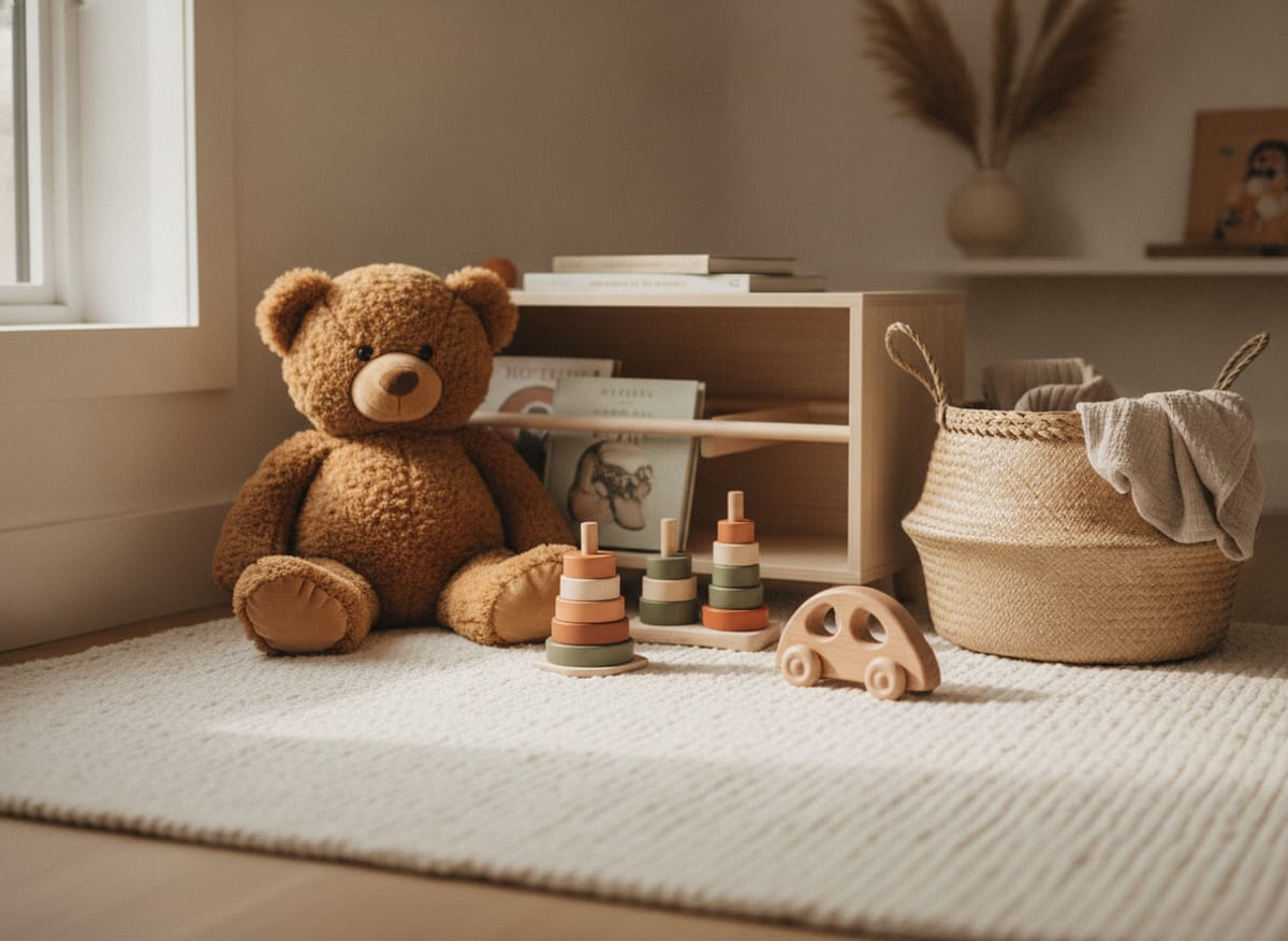 Rincón infantil con osito de peluche, juguetes de madera y cuentos