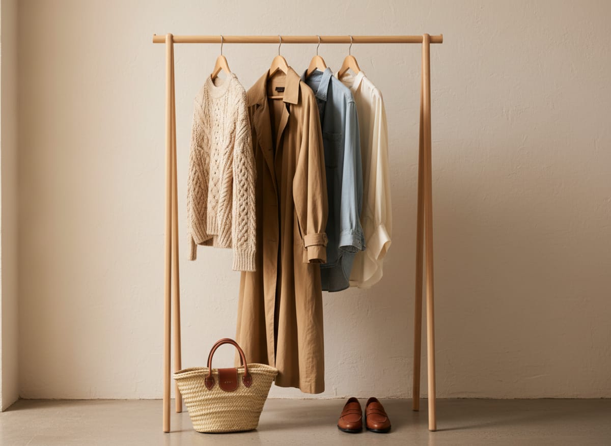 Burro de ropa con jersey de punto, gabardina camel y bolso de mimbre